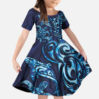 New Zealand Connecting with Seas Family Matching Mermaid Dress and Hawaiian Shirt Maori Tribal and Sea Animals Tattoo - Sea Texture Glass Style LT03 Daughter's Dress Navy - Polynesian Pride