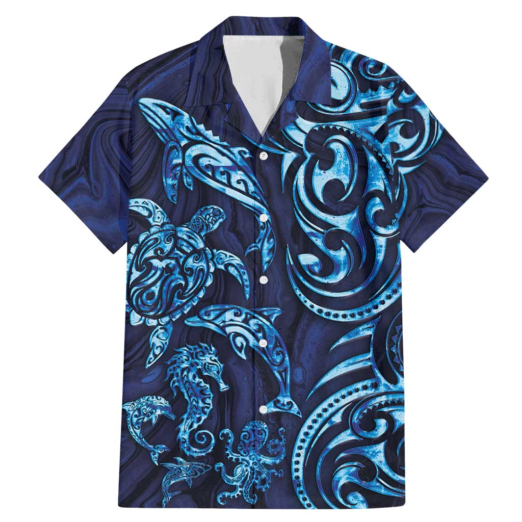 New Zealand Connecting with Seas Family Matching Mermaid Dress and Hawaiian Shirt Maori Tribal and Sea Animals Tattoo - Sea Texture Glass Style LT03 Dad's Shirt - Short Sleeve Navy - Polynesian Pride