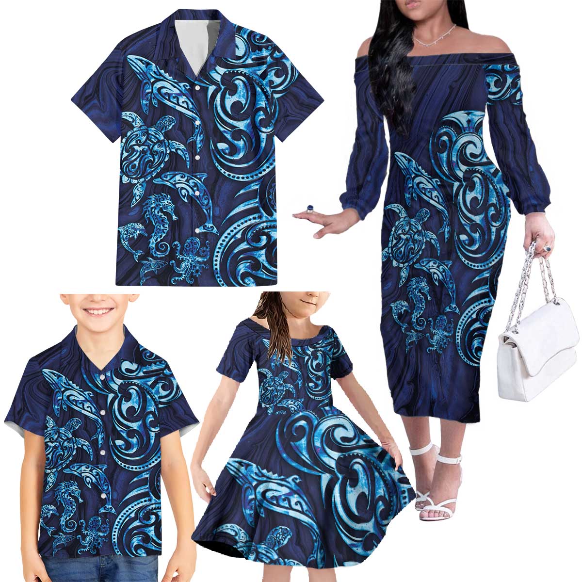 New Zealand Connecting with Seas Family Matching Off The Shoulder Long Sleeve Dress and Hawaiian Shirt Maori Tribal and Sea Animals Tattoo - Sea Texture Glass Style LT03 - Polynesian Pride