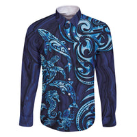 New Zealand Connecting with Seas Family Matching Off The Shoulder Long Sleeve Dress and Hawaiian Shirt Maori Tribal and Sea Animals Tattoo - Sea Texture Glass Style LT03 Dad's Shirt - Long Sleeve Navy - Polynesian Pride