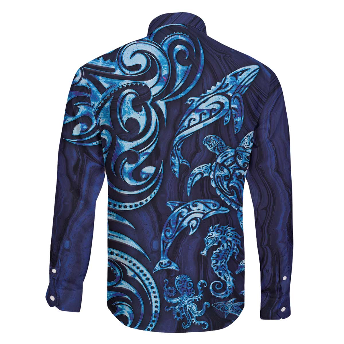 New Zealand Connecting with Seas Family Matching Off The Shoulder Long Sleeve Dress and Hawaiian Shirt Maori Tribal and Sea Animals Tattoo - Sea Texture Glass Style LT03 - Polynesian Pride