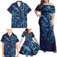 New Zealand Connecting with Seas Family Matching Off Shoulder Maxi Dress and Hawaiian Shirt Maori Tribal and Sea Animals Tattoo - Sea Texture Glass Style LT03 - Polynesian Pride