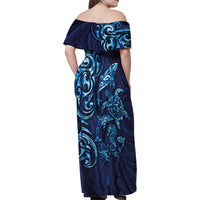New Zealand Connecting with Seas Family Matching Off Shoulder Maxi Dress and Hawaiian Shirt Maori Tribal and Sea Animals Tattoo - Sea Texture Glass Style LT03 - Polynesian Pride