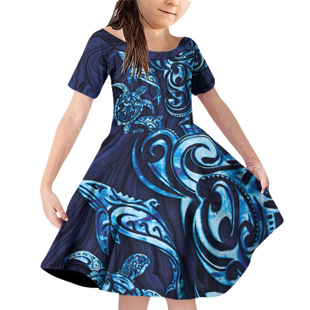 New Zealand Connecting with Seas Family Matching Off Shoulder Short Dress and Hawaiian Shirt Maori Tribal and Sea Animals Tattoo - Sea Texture Glass Style LT03 Daughter's Dress Navy - Polynesian Pride