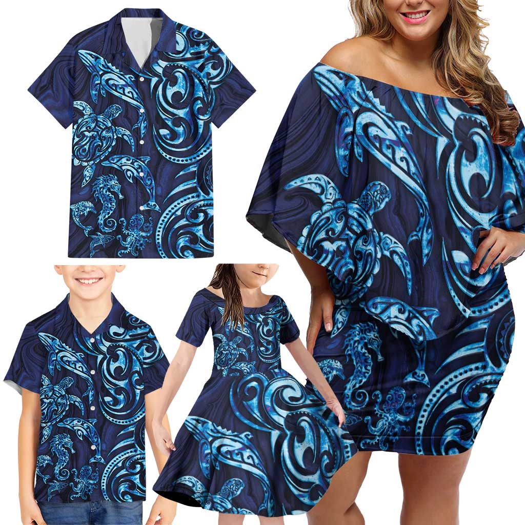 New Zealand Connecting with Seas Family Matching Off Shoulder Short Dress and Hawaiian Shirt Maori Tribal and Sea Animals Tattoo - Sea Texture Glass Style LT03 - Polynesian Pride