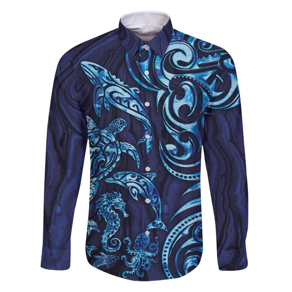 New Zealand Connecting with Seas Family Matching Off Shoulder Short Dress and Hawaiian Shirt Maori Tribal and Sea Animals Tattoo - Sea Texture Glass Style LT03 Dad's Shirt - Long Sleeve Navy - Polynesian Pride