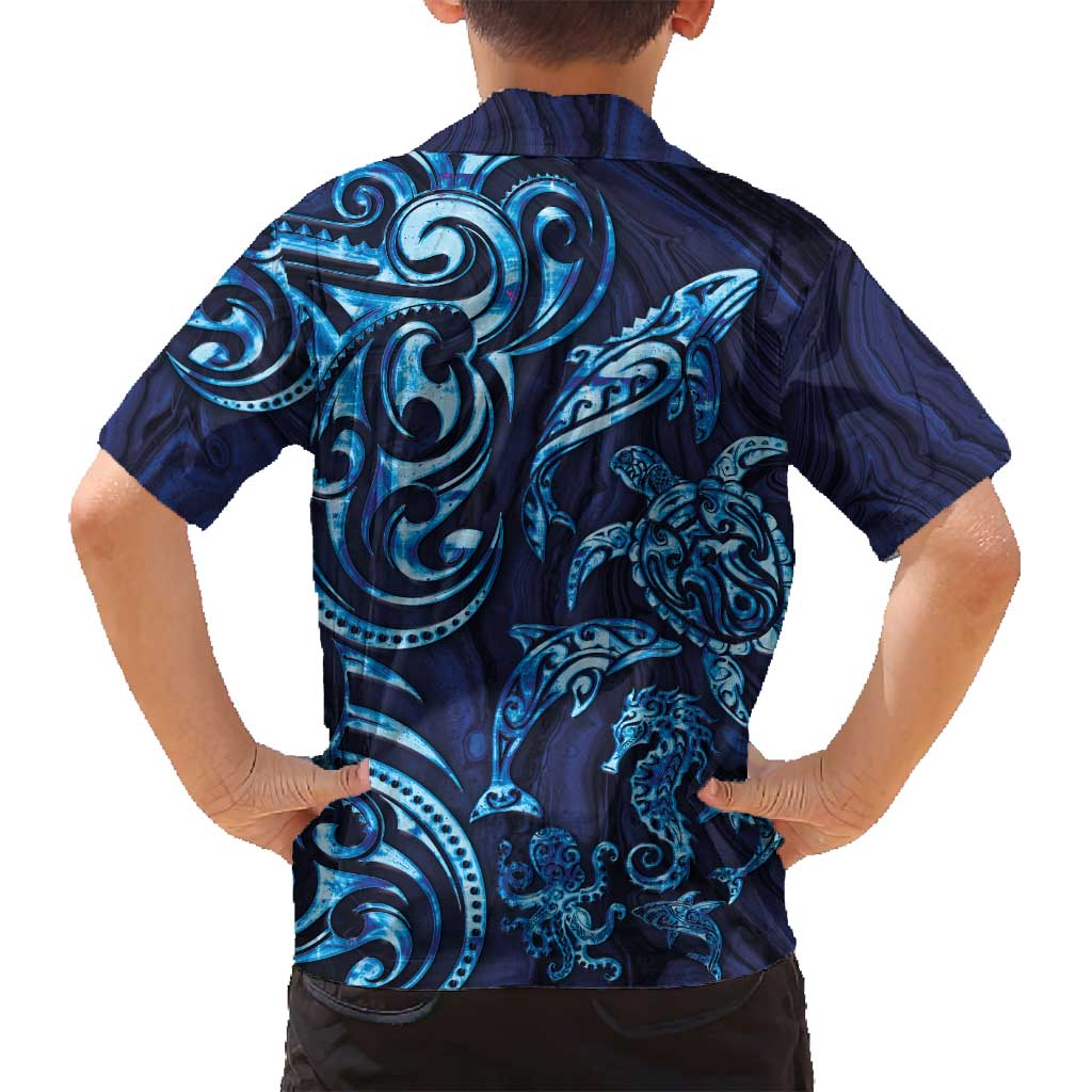 New Zealand Connecting with Seas Family Matching Puletasi and Hawaiian Shirt Maori Tribal and Sea Animals Tattoo - Sea Texture Glass Style LT03 - Polynesian Pride