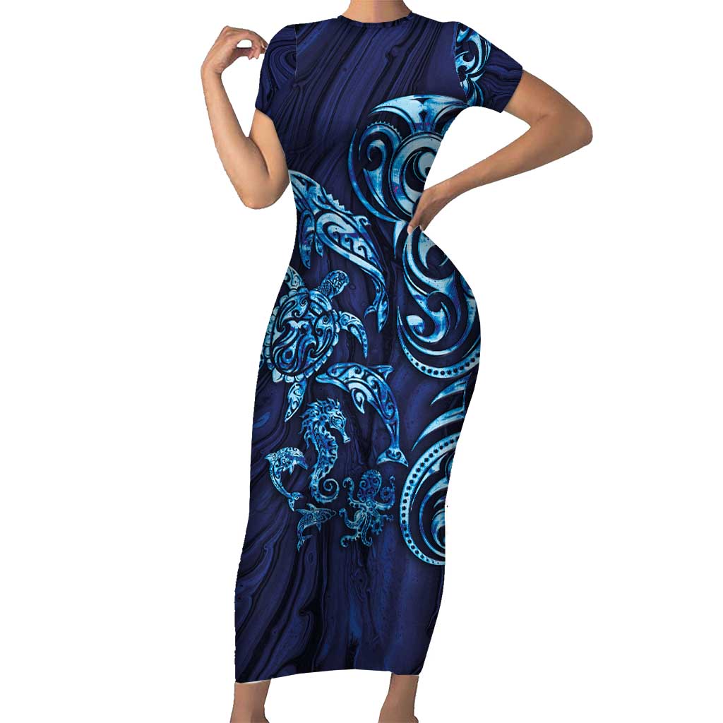 New Zealand Connecting with Seas Family Matching Short Sleeve Bodycon Dress and Hawaiian Shirt Maori Tribal and Sea Animals Tattoo - Sea Texture Glass Style LT03 Mom's Dress Navy - Polynesian Pride