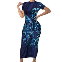 New Zealand Connecting with Seas Family Matching Short Sleeve Bodycon Dress and Hawaiian Shirt Maori Tribal and Sea Animals Tattoo - Sea Texture Glass Style LT03 Mom's Dress Navy - Polynesian Pride
