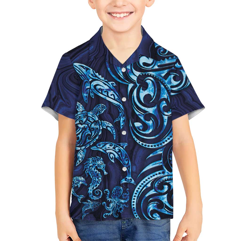 New Zealand Connecting with Seas Family Matching Short Sleeve Bodycon Dress and Hawaiian Shirt Maori Tribal and Sea Animals Tattoo - Sea Texture Glass Style LT03 Son's Shirt Navy - Polynesian Pride