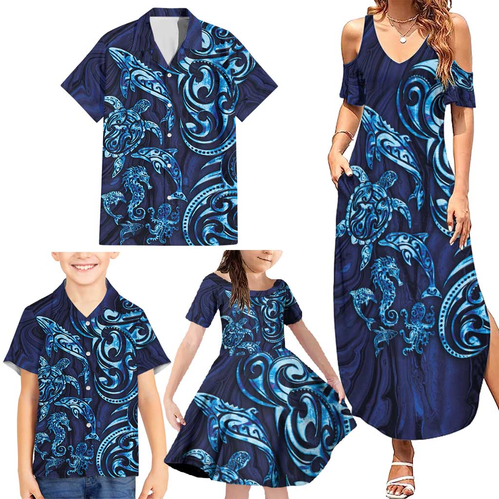 New Zealand Connecting with Seas Family Matching Summer Maxi Dress and Hawaiian Shirt Maori Tribal and Sea Animals Tattoo - Sea Texture Glass Style LT03 - Polynesian Pride