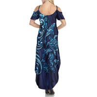 New Zealand Connecting with Seas Family Matching Summer Maxi Dress and Hawaiian Shirt Maori Tribal and Sea Animals Tattoo - Sea Texture Glass Style LT03 - Polynesian Pride