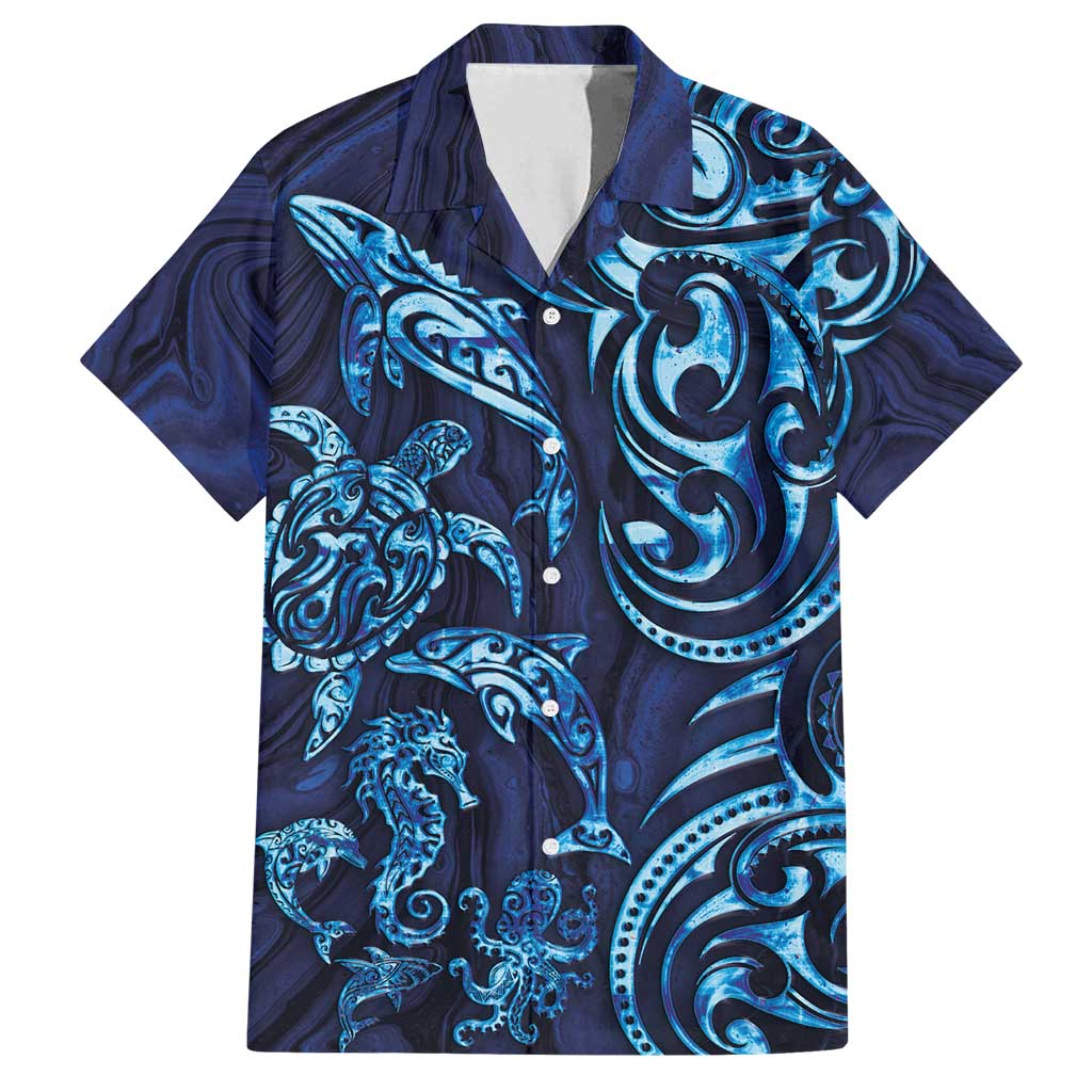 New Zealand Connecting with Seas Family Matching Tank Maxi Dress and Hawaiian Shirt Maori Tribal and Sea Animals Tattoo - Sea Texture Glass Style LT03 Dad's Shirt - Short Sleeve Navy - Polynesian Pride