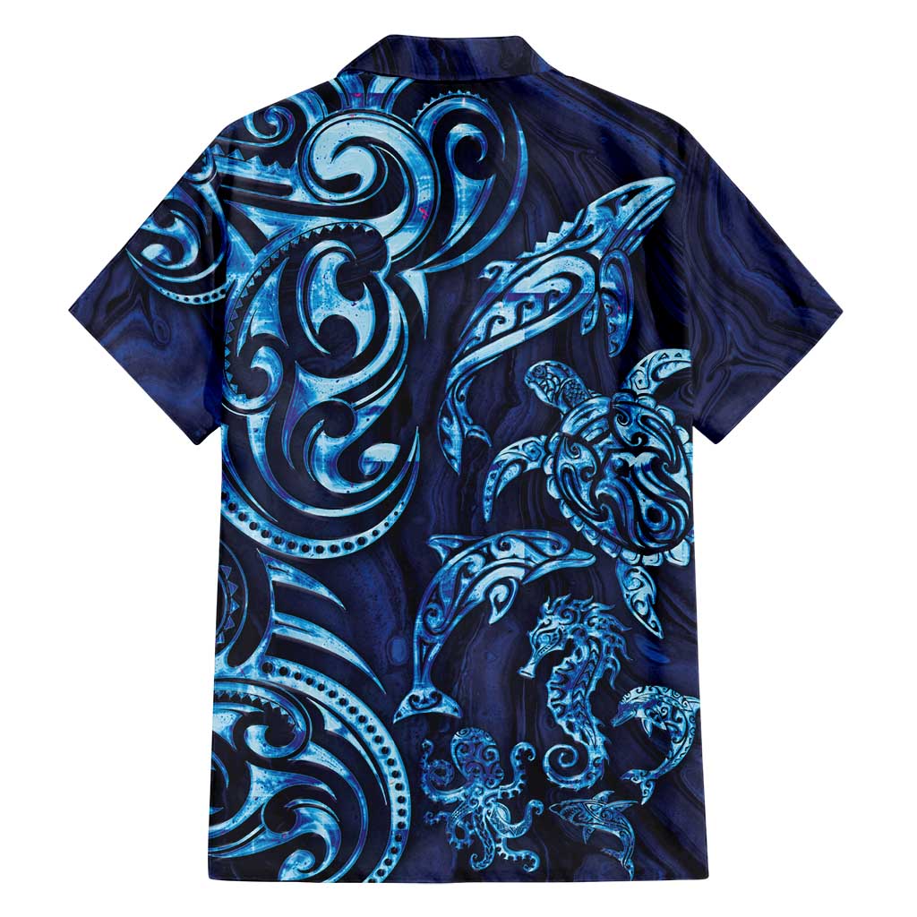 New Zealand Connecting with Seas Family Matching Tank Maxi Dress and Hawaiian Shirt Maori Tribal and Sea Animals Tattoo - Sea Texture Glass Style LT03 - Polynesian Pride
