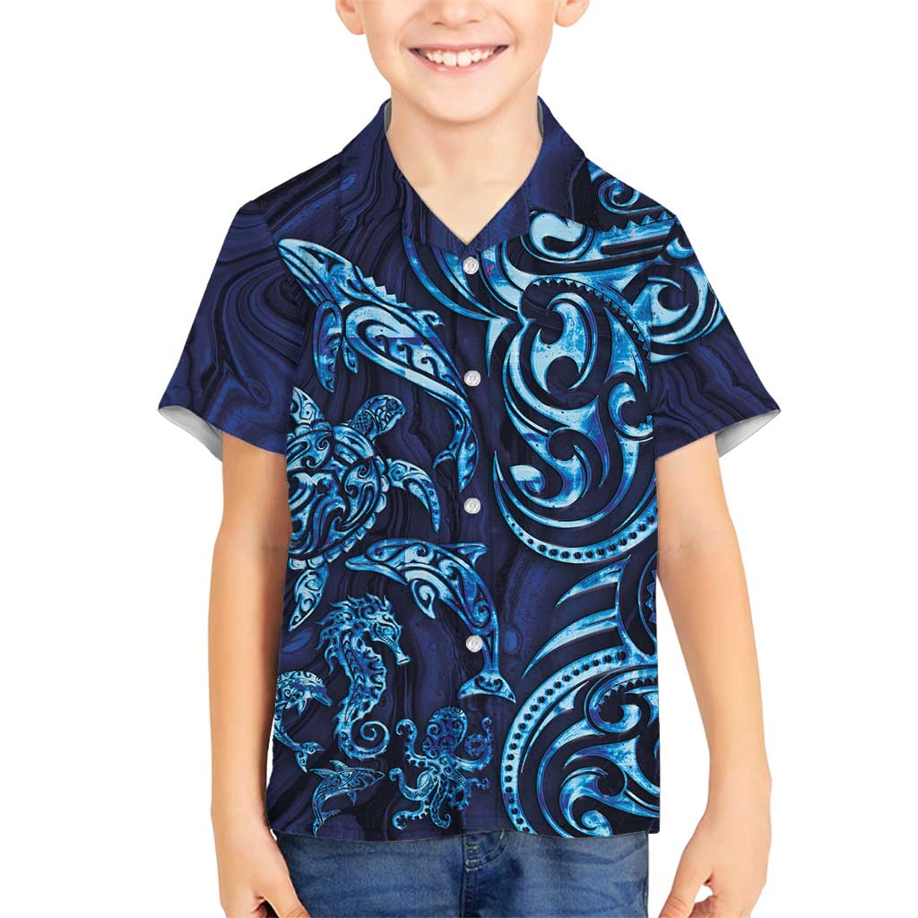 New Zealand Connecting with Seas Family Matching Tank Maxi Dress and Hawaiian Shirt Maori Tribal and Sea Animals Tattoo - Sea Texture Glass Style LT03 Son's Shirt Navy - Polynesian Pride