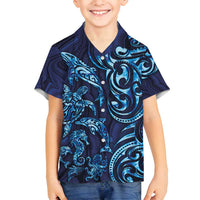 New Zealand Connecting with Seas Family Matching Tank Maxi Dress and Hawaiian Shirt Maori Tribal and Sea Animals Tattoo - Sea Texture Glass Style LT03 Son's Shirt Navy - Polynesian Pride