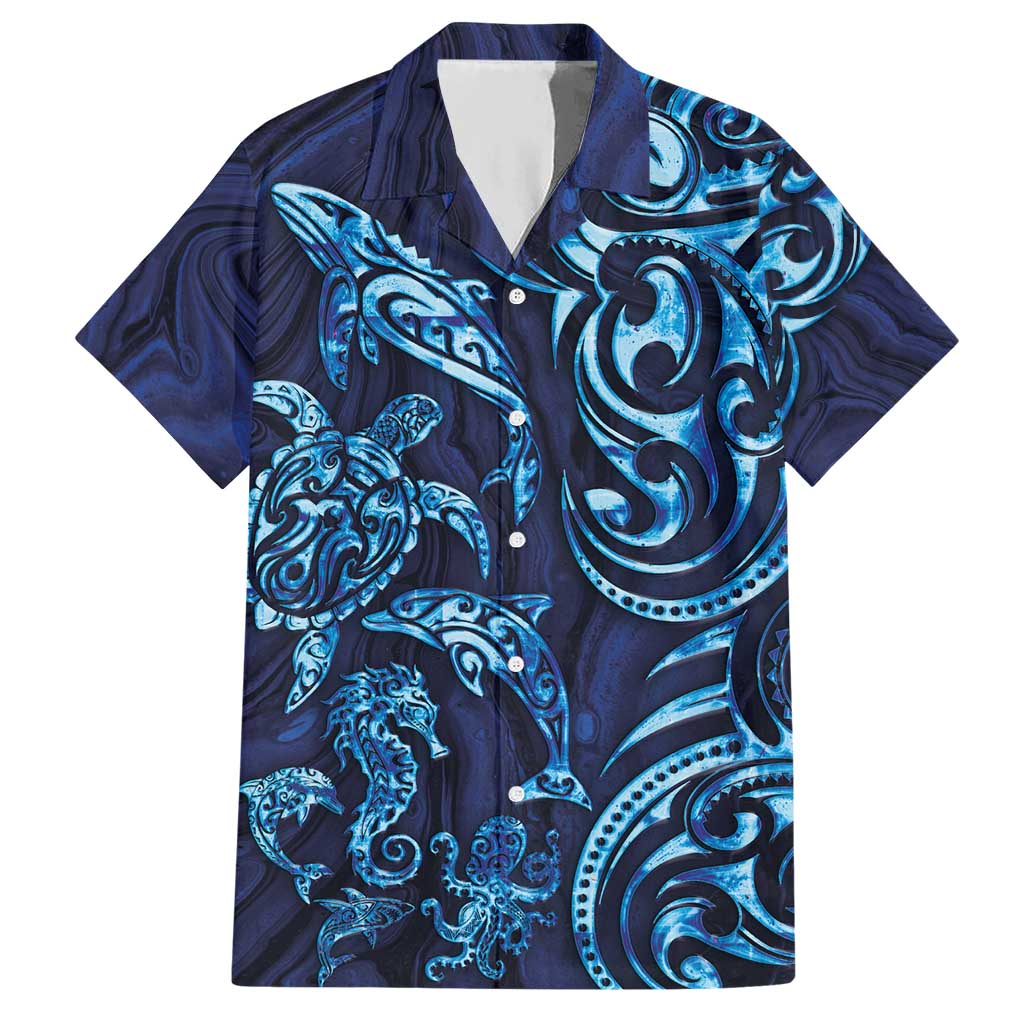 New Zealand Connecting with Seas Hawaiian Shirt Maori Tribal and Sea Animals Tattoo - Sea Texture Glass Style LT03 Navy - Polynesian Pride
