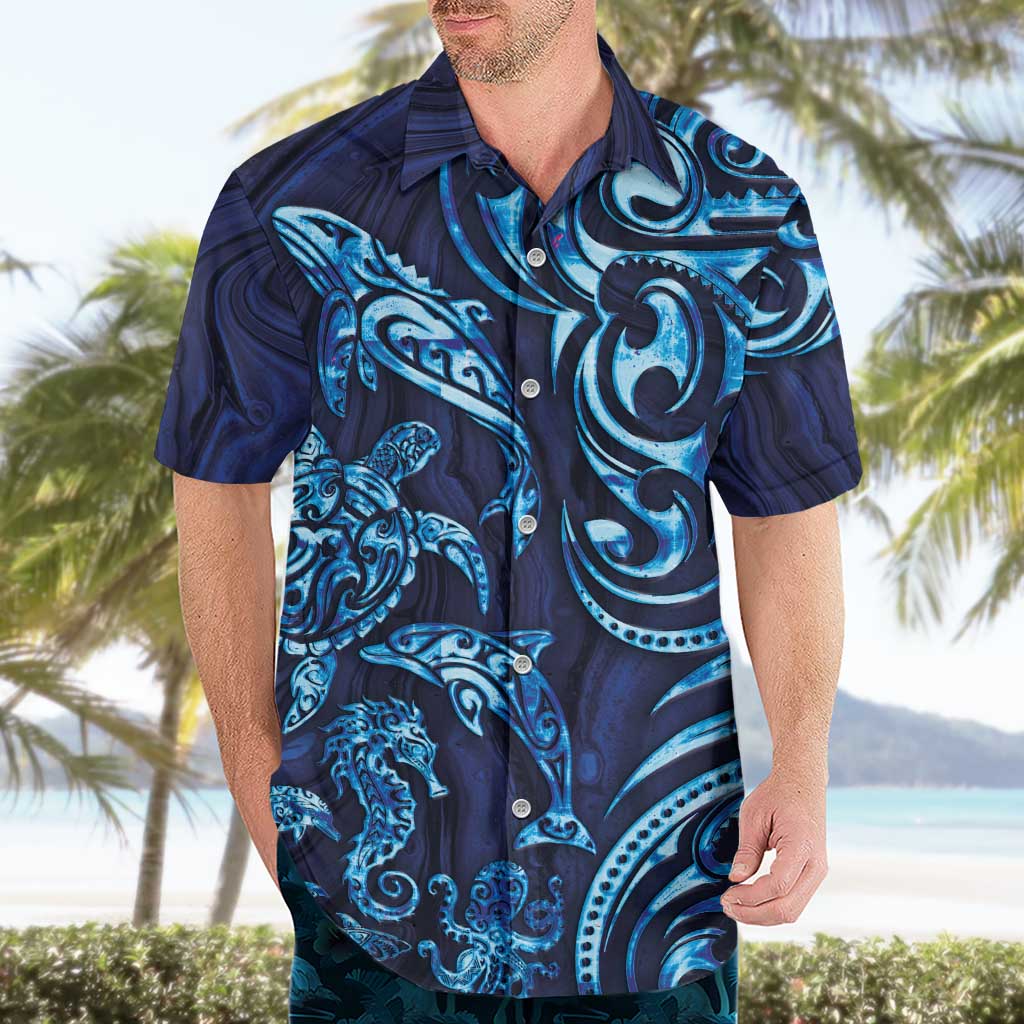 New Zealand Connecting with Seas Hawaiian Shirt Maori Tribal and Sea Animals Tattoo - Sea Texture Glass Style LT03 - Polynesian Pride