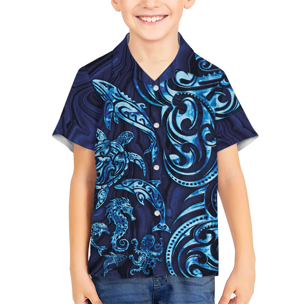 New Zealand Connecting with Seas Hawaiian Shirt Maori Tribal and Sea Animals Tattoo - Sea Texture Glass Style LT03 - Polynesian Pride