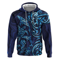 New Zealand Connecting with Seas Hoodie Maori Tribal and Sea Animals Tattoo - Sea Texture Glass Style LT03 Pullover Hoodie Navy - Polynesian Pride