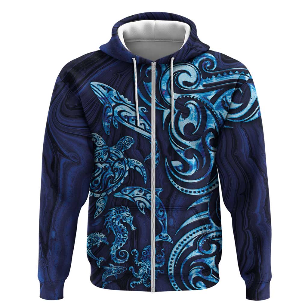 New Zealand Connecting with Seas Hoodie Maori Tribal and Sea Animals Tattoo - Sea Texture Glass Style LT03 Zip Hoodie Navy - Polynesian Pride