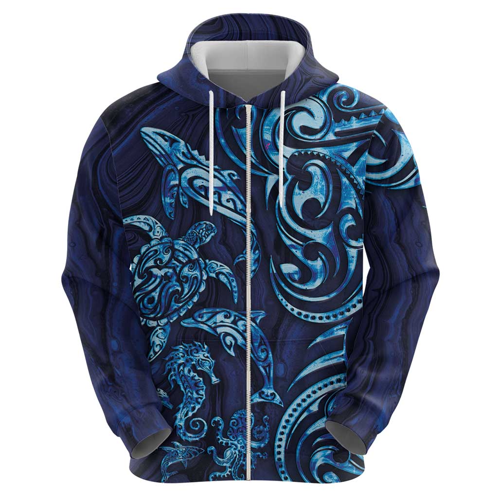 New Zealand Connecting with Seas Hoodie Maori Tribal and Sea Animals Tattoo - Sea Texture Glass Style LT03 - Polynesian Pride