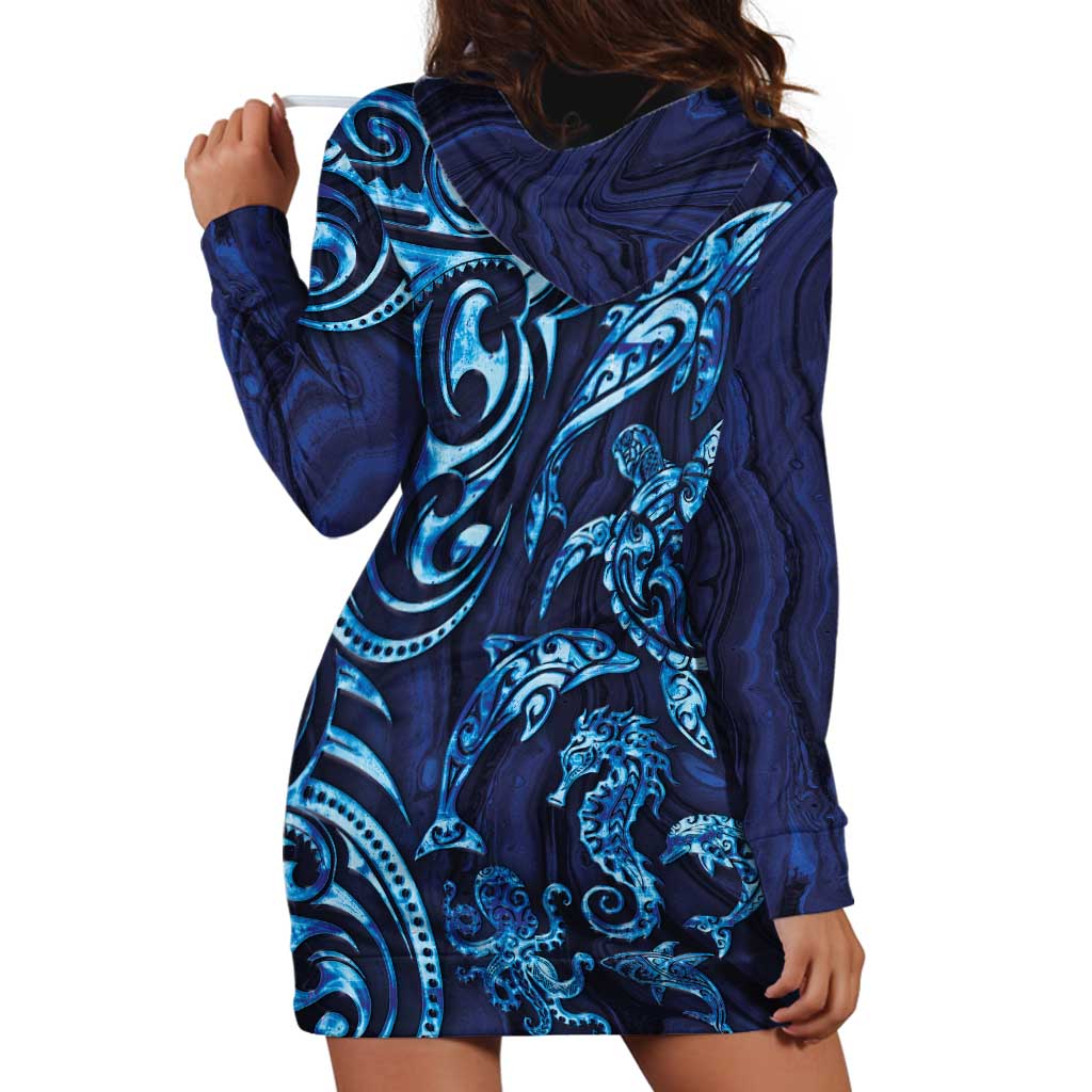 New Zealand Connecting with Seas Hoodie Dress Maori Tribal and Sea Animals Tattoo - Sea Texture Glass Style LT03 - Polynesian Pride
