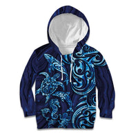 New Zealand Connecting with Seas Kid Hoodie Maori Tribal and Sea Animals Tattoo - Sea Texture Glass Style LT03 Hoodie Navy - Polynesian Pride