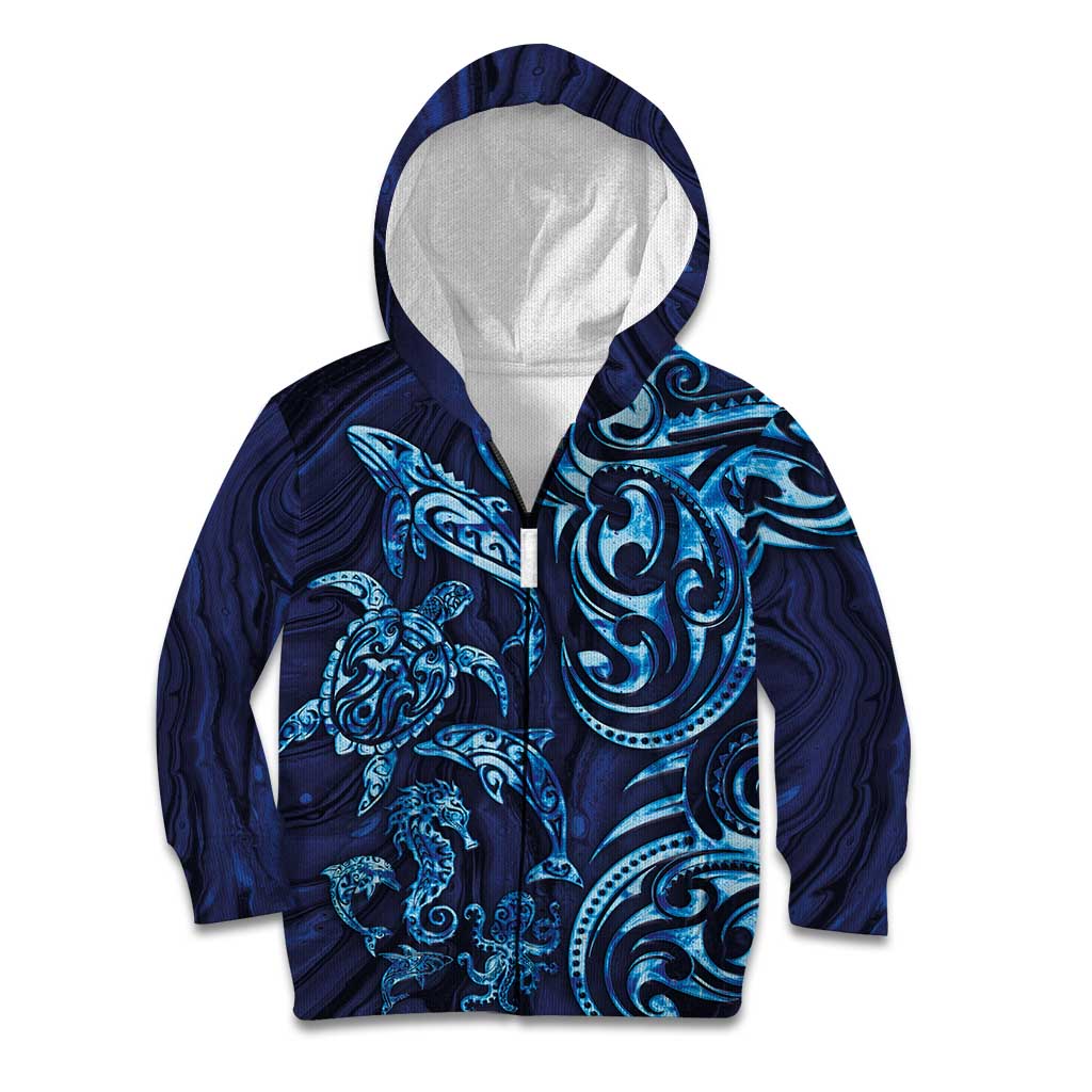 New Zealand Connecting with Seas Kid Hoodie Maori Tribal and Sea Animals Tattoo - Sea Texture Glass Style LT03 Zip Hoodie Navy - Polynesian Pride