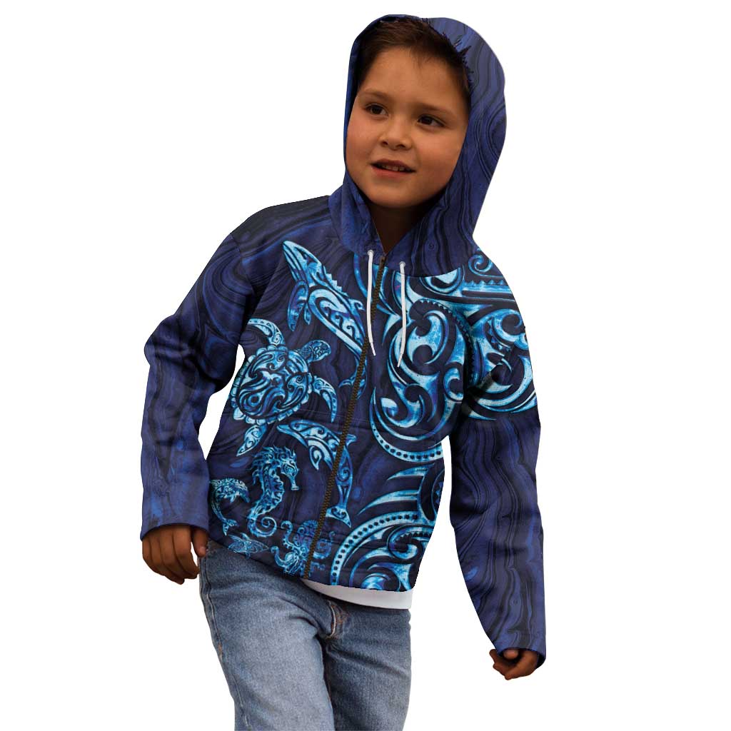 New Zealand Connecting with Seas Kid Hoodie Maori Tribal and Sea Animals Tattoo - Sea Texture Glass Style LT03 - Polynesian Pride