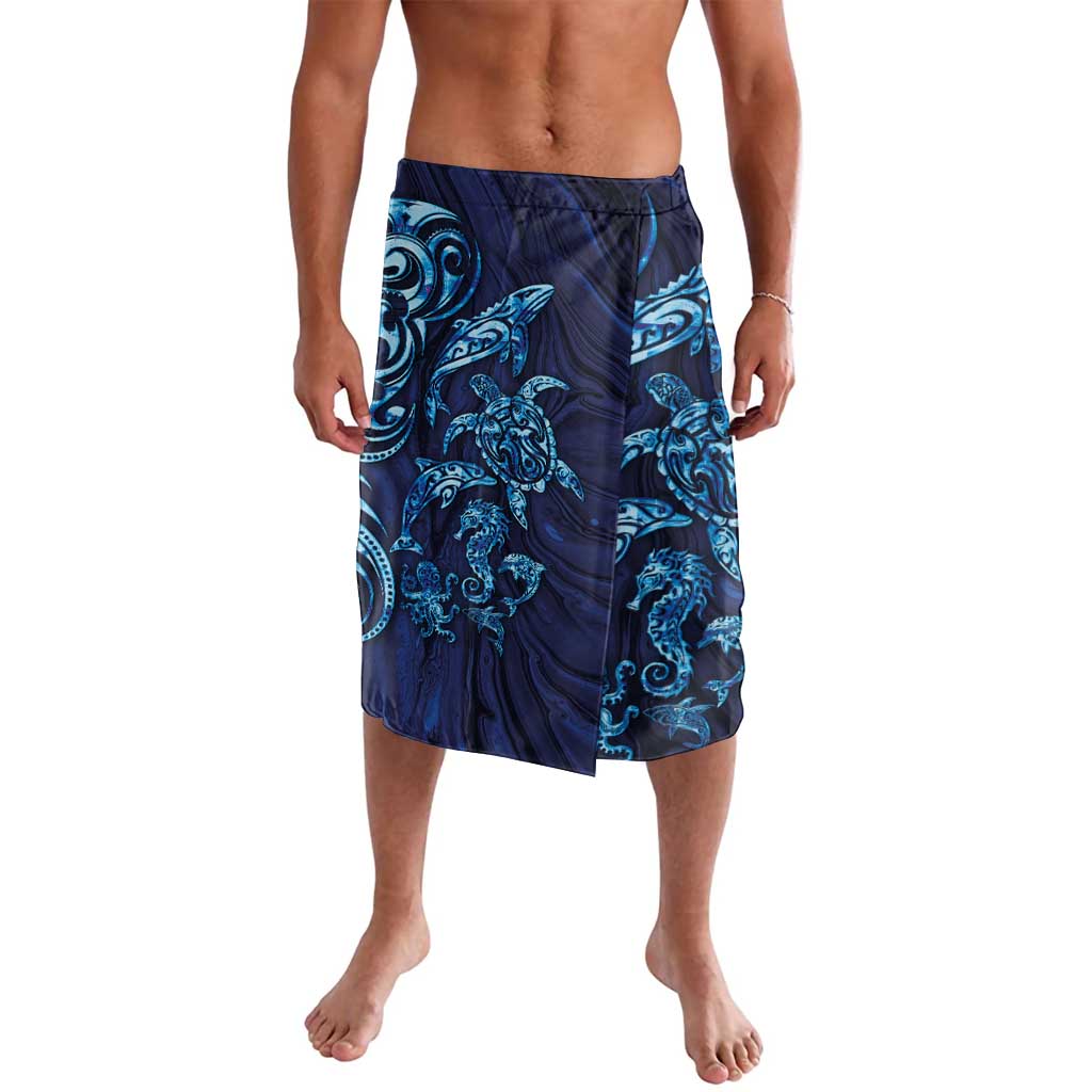 New Zealand Connecting with Seas Lavalava Maori Tribal and Sea Animals Tattoo - Sea Texture Glass Style LT03 Navy - Polynesian Pride