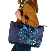New Zealand Connecting with Seas Leather Tote Bag Maori Tribal and Sea Animals Tattoo - Sea Texture Glass Style LT03 Navy - Polynesian Pride