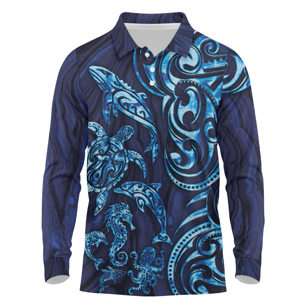 New Zealand Connecting with Seas Long Sleeve Polo Shirt Maori Tribal and Sea Animals Tattoo - Sea Texture Glass Style LT03 Navy - Polynesian Pride