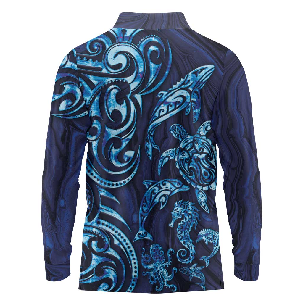 New Zealand Connecting with Seas Long Sleeve Polo Shirt Maori Tribal and Sea Animals Tattoo - Sea Texture Glass Style LT03 - Polynesian Pride