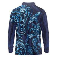New Zealand Connecting with Seas Long Sleeve Polo Shirt Maori Tribal and Sea Animals Tattoo - Sea Texture Glass Style LT03 - Polynesian Pride