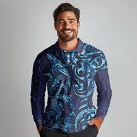 New Zealand Connecting with Seas Long Sleeve Polo Shirt Maori Tribal and Sea Animals Tattoo - Sea Texture Glass Style LT03 - Polynesian Pride