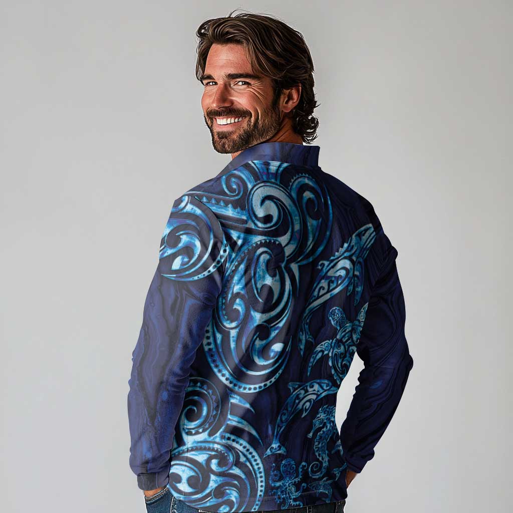 New Zealand Connecting with Seas Long Sleeve Polo Shirt Maori Tribal and Sea Animals Tattoo - Sea Texture Glass Style LT03 - Polynesian Pride
