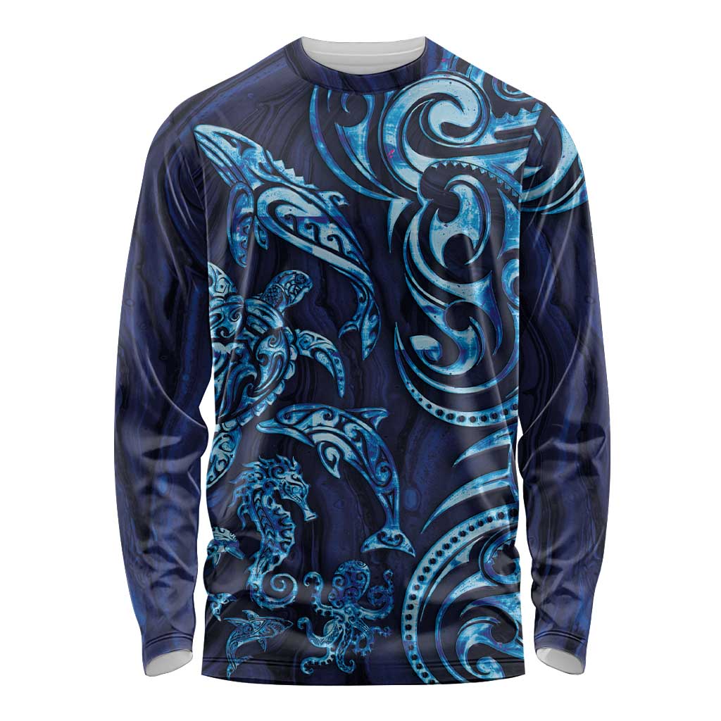 New Zealand Connecting with Seas Long Sleeve Shirt Maori Tribal and Sea Animals Tattoo - Sea Texture Glass Style
