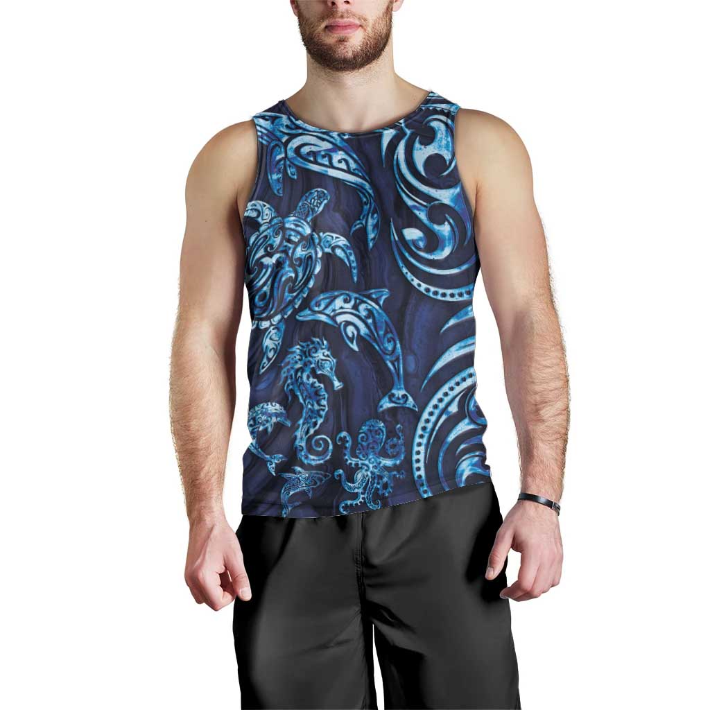 New Zealand Connecting with Seas Men Tank Top Maori Tribal and Sea Animals Tattoo - Sea Texture Glass Style LT03 - Polynesian Pride