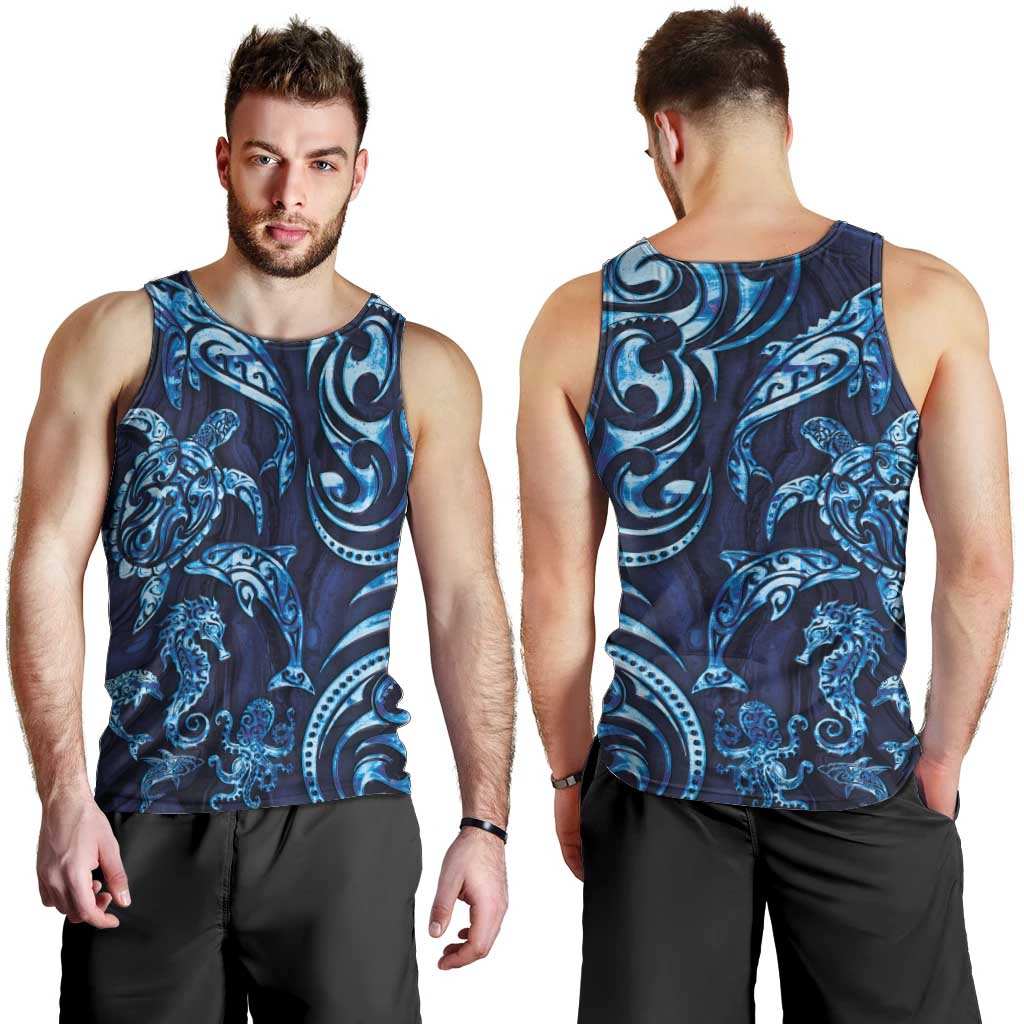 New Zealand Connecting with Seas Men Tank Top Maori Tribal and Sea Animals Tattoo - Sea Texture Glass Style LT03 - Polynesian Pride