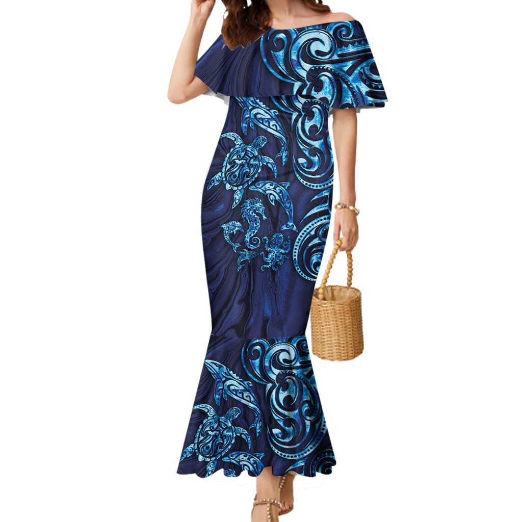 New Zealand Connecting with Seas Mermaid Dress Maori Tribal and Sea Animals Tattoo - Sea Texture Glass Style LT03 Women Navy - Polynesian Pride