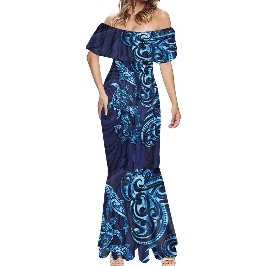 New Zealand Connecting with Seas Mermaid Dress Maori Tribal and Sea Animals Tattoo - Sea Texture Glass Style LT03 - Polynesian Pride