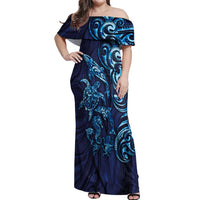 New Zealand Connecting with Seas Off Shoulder Maxi Dress Maori Tribal and Sea Animals Tattoo - Sea Texture Glass Style LT03 Women Navy - Polynesian Pride