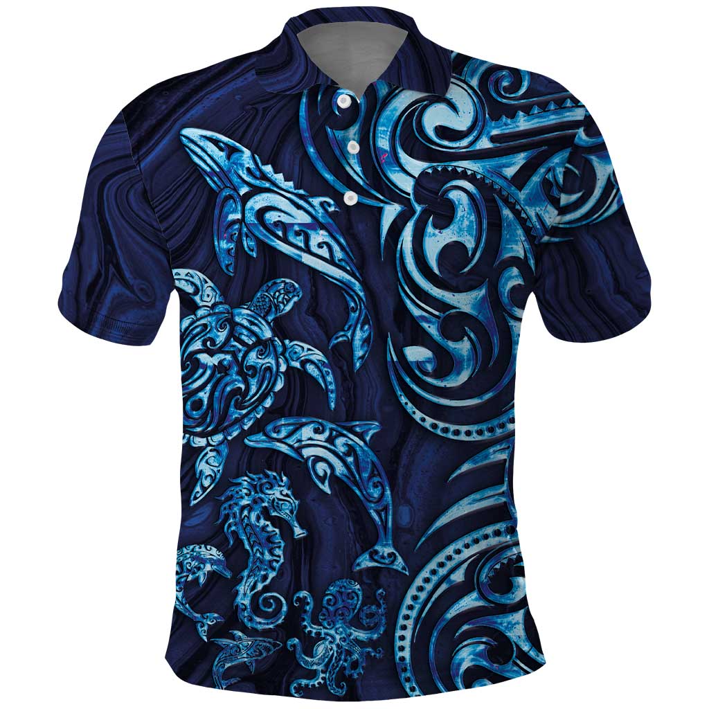 New Zealand Connecting with Seas Polo Shirt Maori Tribal and Sea Animals Tattoo - Sea Texture Glass Style LT03 Navy - Polynesian Pride