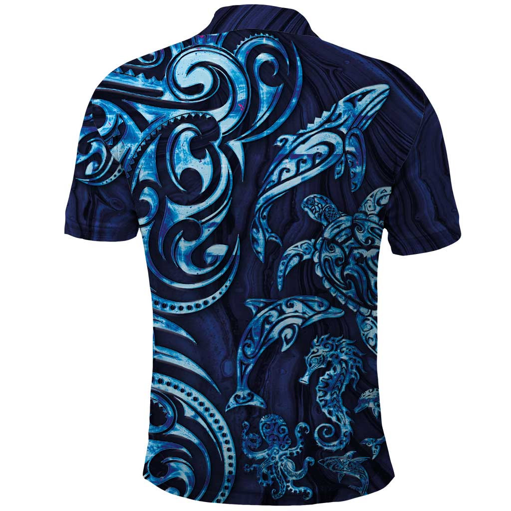 New Zealand Connecting with Seas Polo Shirt Maori Tribal and Sea Animals Tattoo - Sea Texture Glass Style LT03 - Polynesian Pride