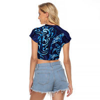 New Zealand Connecting with Seas Raglan Cropped T Shirt Maori Tribal and Sea Animals Tattoo - Sea Texture Glass Style LT03 - Polynesian Pride