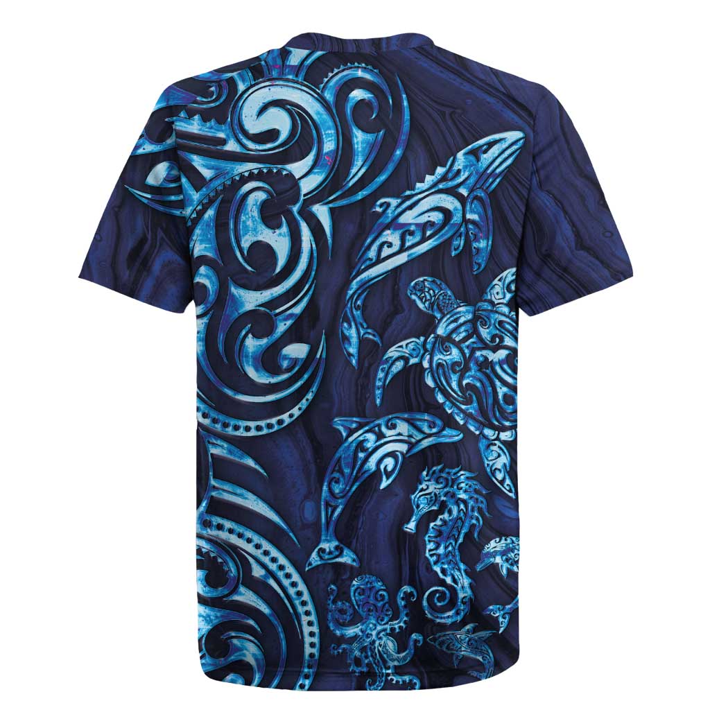 New Zealand Connecting with Seas Rugby Jersey Maori Tribal and Sea Animals Tattoo - Sea Texture Glass Style LT03 - Polynesian Pride