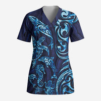 New Zealand Connecting with Seas Scrub Top Maori Tribal and Sea Animals Tattoo - Sea Texture Glass Style LT03 Adult Navy - Polynesian Pride