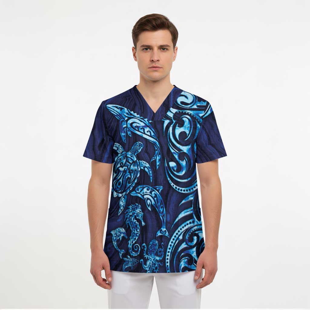 New Zealand Connecting with Seas Scrub Top Maori Tribal and Sea Animals Tattoo - Sea Texture Glass Style LT03 - Polynesian Pride