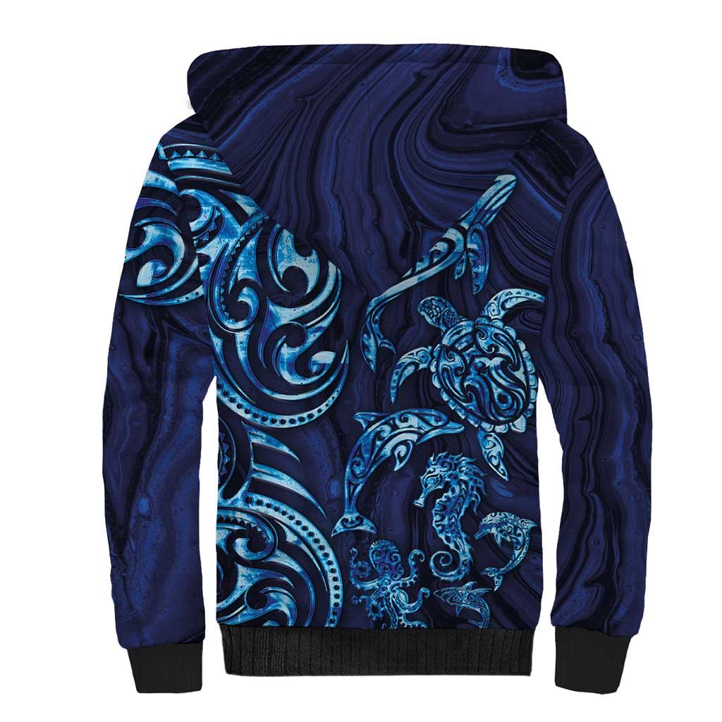 New Zealand Connecting with Seas Sherpa Hoodie Maori Tribal and Sea Animals Tattoo - Sea Texture Glass Style LT03 - Polynesian Pride